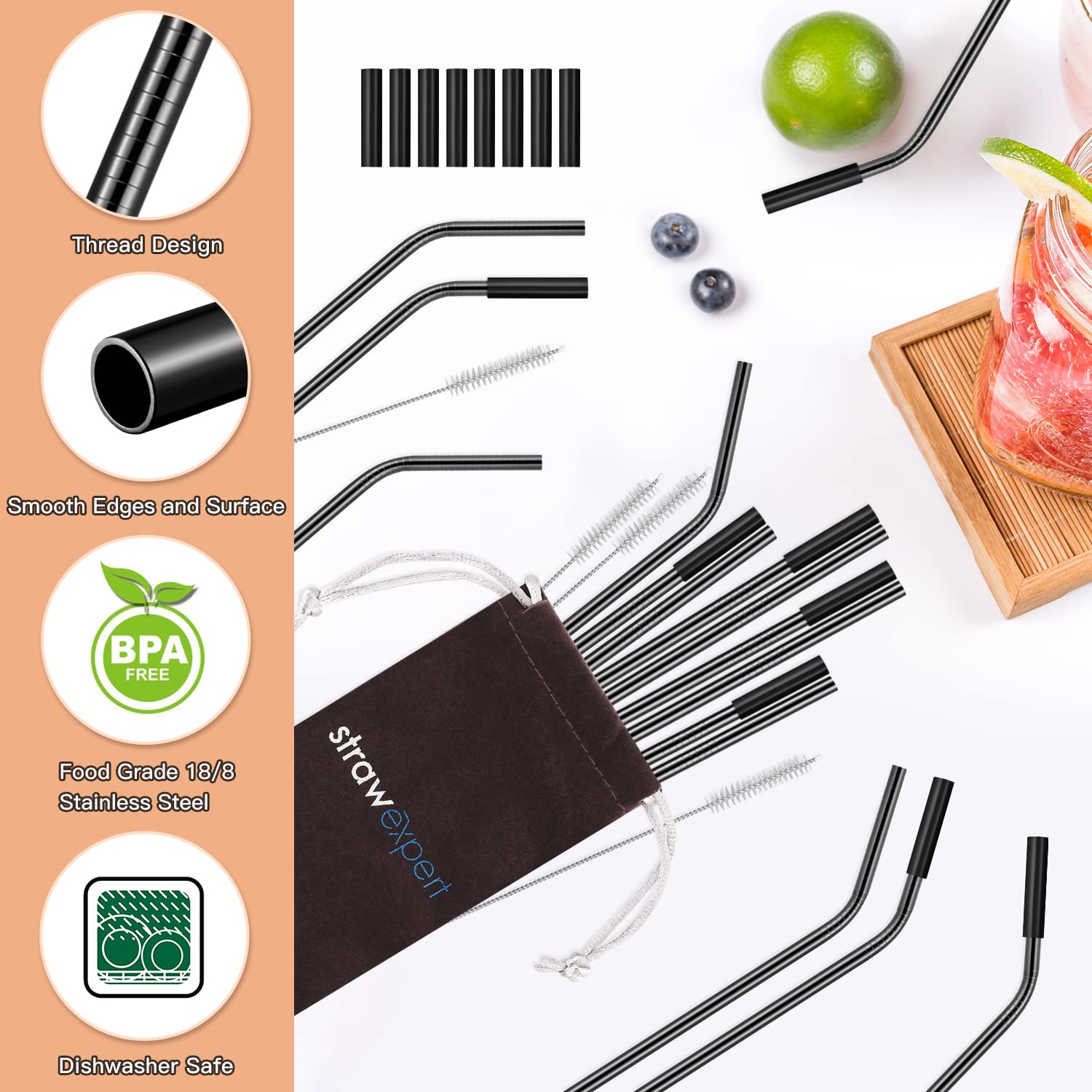 StrawExpert 16 Pack Black Reusable Metal Straws with Black Silicone Tip & Travel Case & Cleaning Brush,Long Stainless Steel Straws Drinking Straw for 20 and 30 oz Tumbler