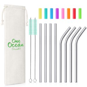 teivio 8 pack short stainless steel straws 6.25 inch and 6 inch metal reusable straws with silicone tips and case, cleaning brush and carry bag for cocktail glasses, kids, small cups(silver)