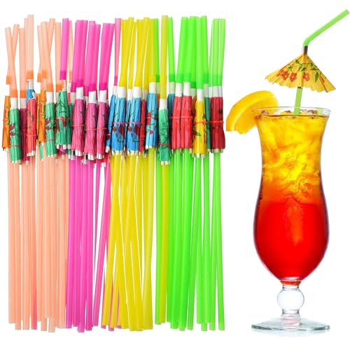 NINU 100 Umbrella Straws, Disposable Parasol Drinking Plastic Straws, Hawaiian Straws for Beach Luau Party Decorations Cocktail Supplies