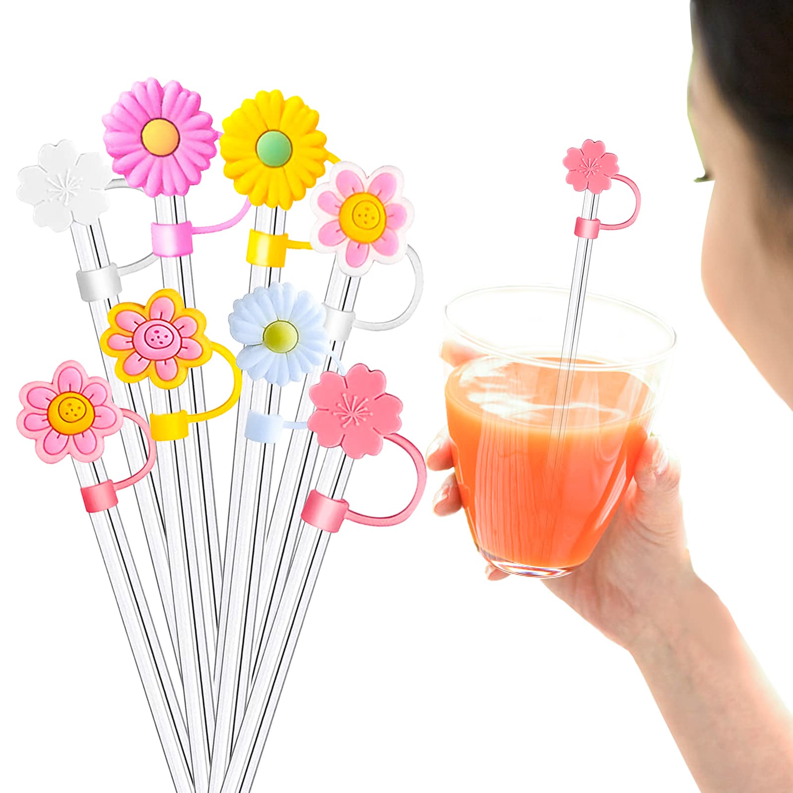 Silicone Straw Tips Cover 8 Pack Reusable Cute Straw Plugs Drinking Straw Tips Lids Anti-dust Silicone Straw Caps for 6-8 mm Straws Airtight Seal Splash Proof Straw Tips Covers (Flower style)