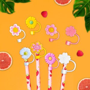 Silicone Straw Tips Cover 8 Pack Reusable Cute Straw Plugs Drinking Straw Tips Lids Anti-dust Silicone Straw Caps for 6-8 mm Straws Airtight Seal Splash Proof Straw Tips Covers (Flower style)