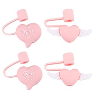 upkoch reusable drinking straw tip plugs 4pcs silicone heart with wings straw tips cover anti- airtight seal proof straw caps durable straw plug