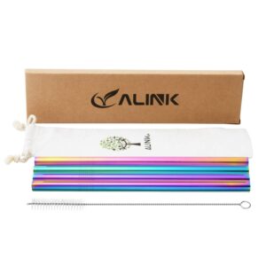 ALINK 6 Silicone Smoothie Straws + 4 12MM Stainless Steel Boba Tea Straws