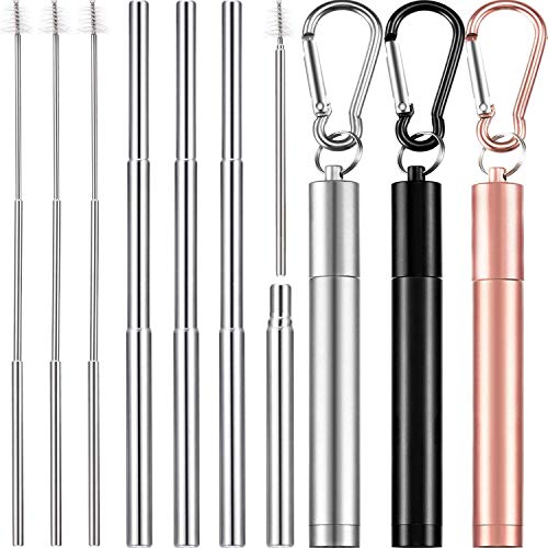 Collapsible Reusable Telescopic Metal Straws 3 pack Stainless Steel Brush Drinking Straws Foldable Straw Mix (Rose, Black, Silver)