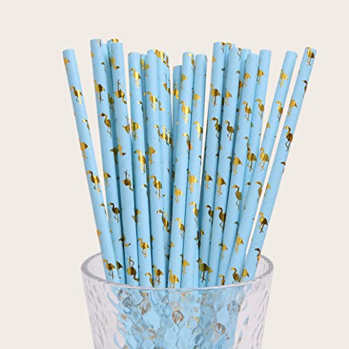 100 pcs Light Blue Gold Foil Flamingo Paper Straws, Metallic Hawaii Luau Island Beach Pool Party Drinking Straws Bulk, Boy Birthday Baby Bridal Shower Wedding Cake Pop Sticks (Light Blue Gold Foil)