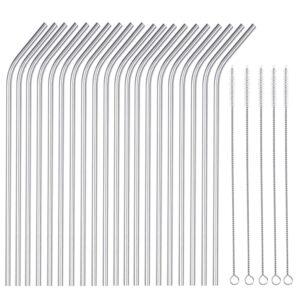 OKGD 25 Piece Set Stainless Steel Straws Long 8.5 Inch Drinking Metal Straws Reusable Drinking Straws for 20 OZ (20 Bent|5 Brushes)