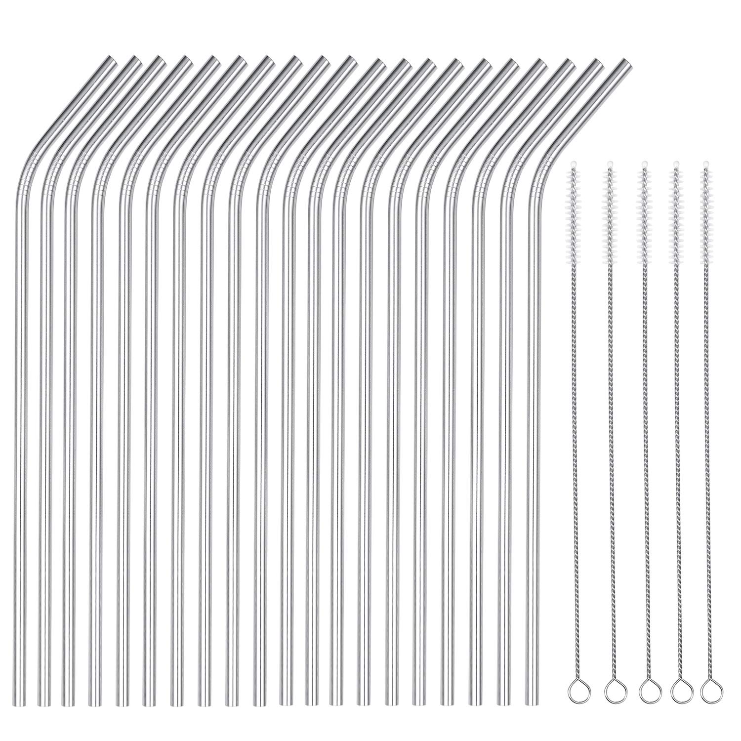 OKGD 25 Piece Set Stainless Steel Straws Long 8.5 Inch Drinking Metal Straws Reusable Drinking Straws for 20 OZ (20 Bent|5 Brushes)