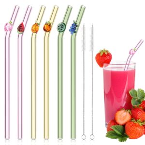 queekay 6 pcs glass straws with design reusable fruit drinking straws 7.9in x 8mm colorful cute reusable straws fruit party favors decorations and 2 cleaning brushes for summer beach birthday (bent)