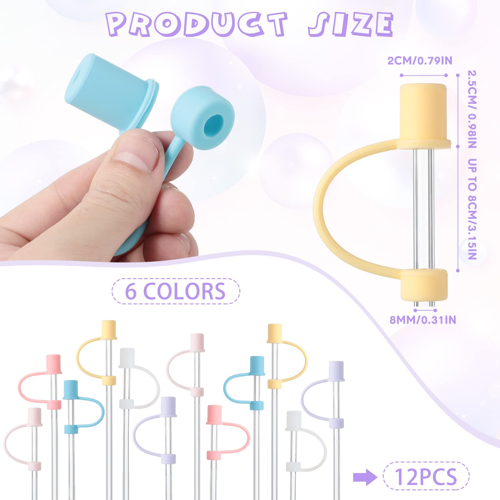 12 Pieces Straw Covers Cap Silicone Straw Tips Cover Reusable Drinking Straw Tips Lids Dust Proof Straw Plugs for 7-8 mm Straws, 6 Colors