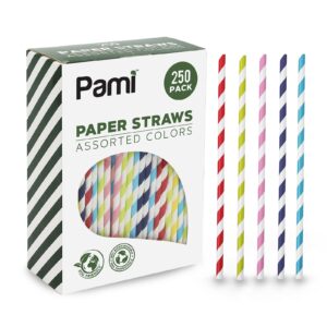 PAMI Paper Straws Assorted Colors [250- Pack] - 100% Biodegradable & Compostable Straws, PFAS-Free, For Drinking- Disposable Striped Paper Straws For Coffee Juice Cocktail- Fun Colored Party Straws