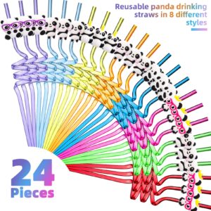 24 Pieces Panda Drinking Straws Reusable Panda Theme Straws Plastic Panda Drinking Straws for Birthday Party Bar Wedding Party Favors Supplies