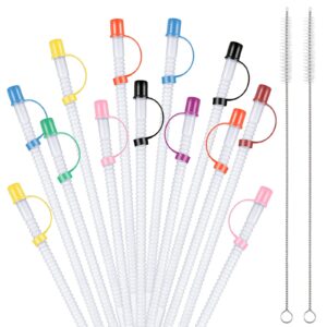 24 pack flexible straws with drinking straw caps long flexible plastic bendable straws flexible reusable straws with 2 straw cleaning brushes for jumbo mugs water bottle (assorted colors, 11 inch)