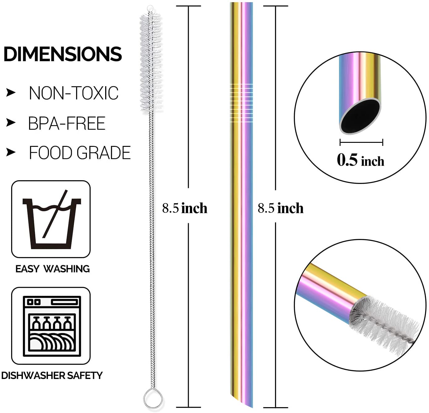 ESSBES Reusable Metal Boba Smoothies Drinking Straws 0.5'' Extra Wide for Bubble Tea Milkshakes Jumbo Drinks 7 PCS