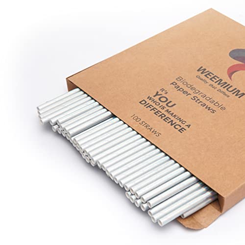 Weemium Iridescent Silver Paper Straws - Pack of 100 Biodegradable Straws for Drinking, Party & Crafts