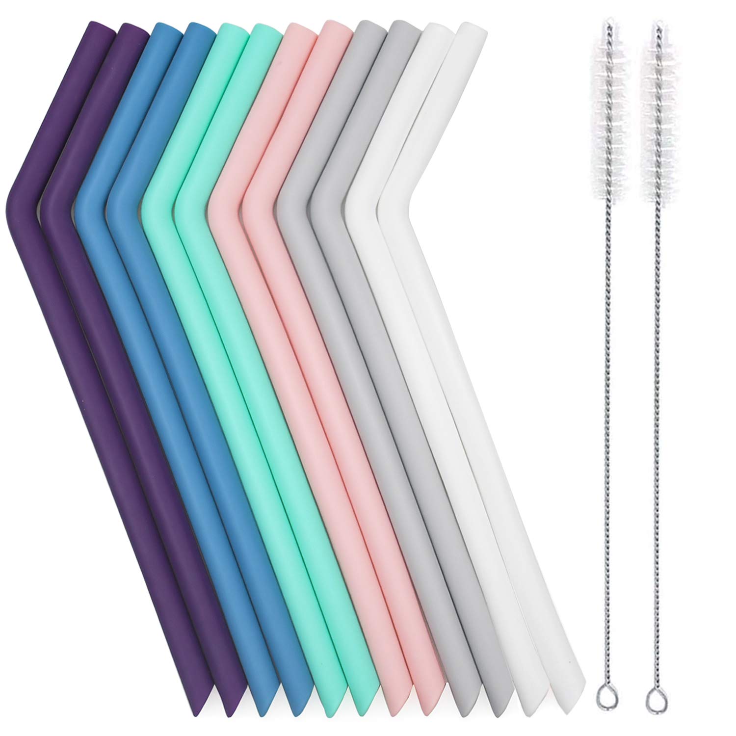 Senneny Set of 12 Silicone Drinking Straws for 30oz and 20oz - Reusable Silicone Straws BPA Free Extra Long with Cleaning Brushes- 12 Bent- 8mm diameter