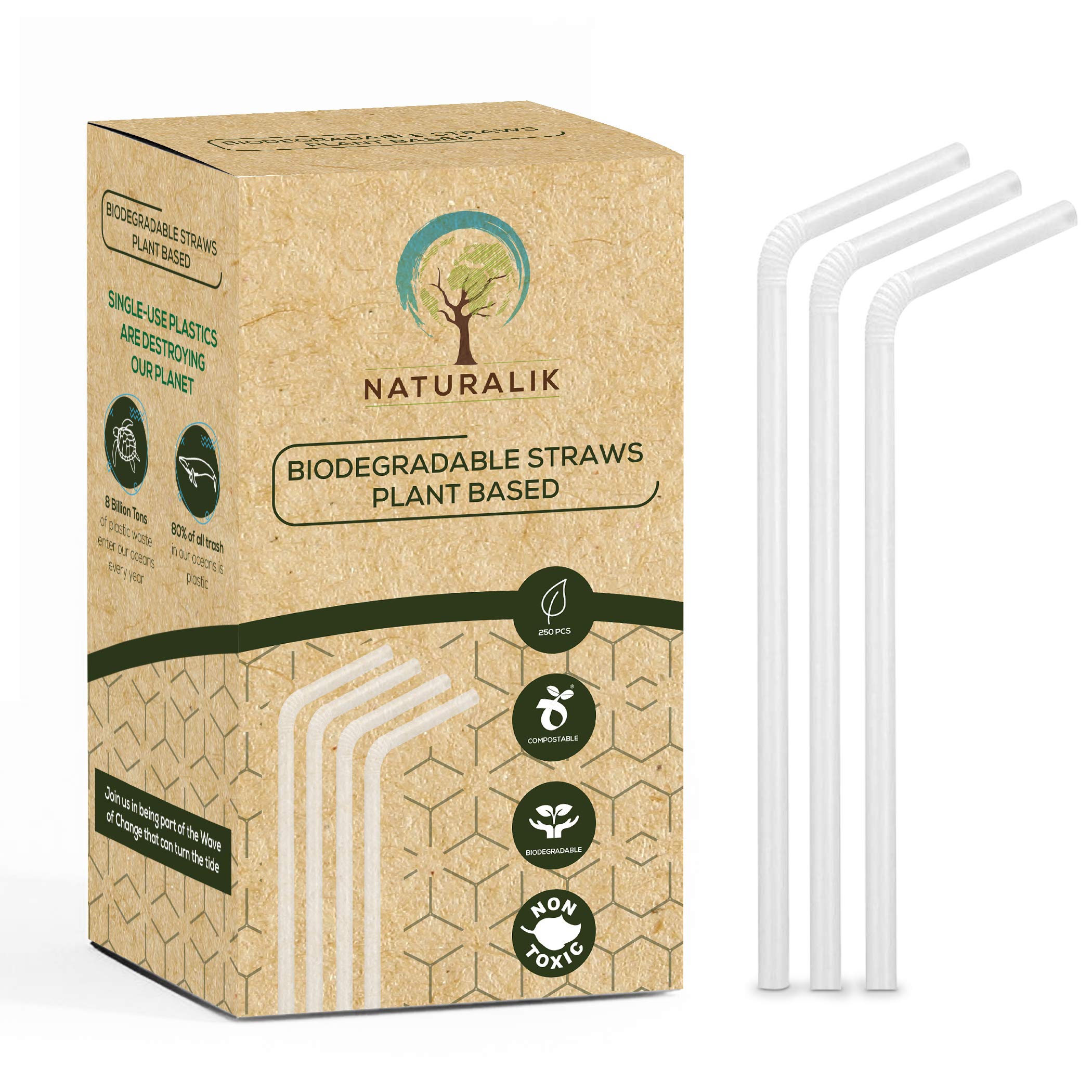 Naturalik 250 Pack Biodegradable Plant Based Straws- 9" Long Straws- 100% Compostable- Flexible Straws Eco-Friendly- Plastic Free Drinking Straws- Bendy Straws for Smoothies, Party Decorations (PLA)