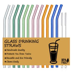 reusable bent glass straws, 8mm glass drinking straws with 2 cleaning brushes, non-toxic, bpa free glass straws for smoothies, beverages, shakes, juices, 12 packs (multicolor)