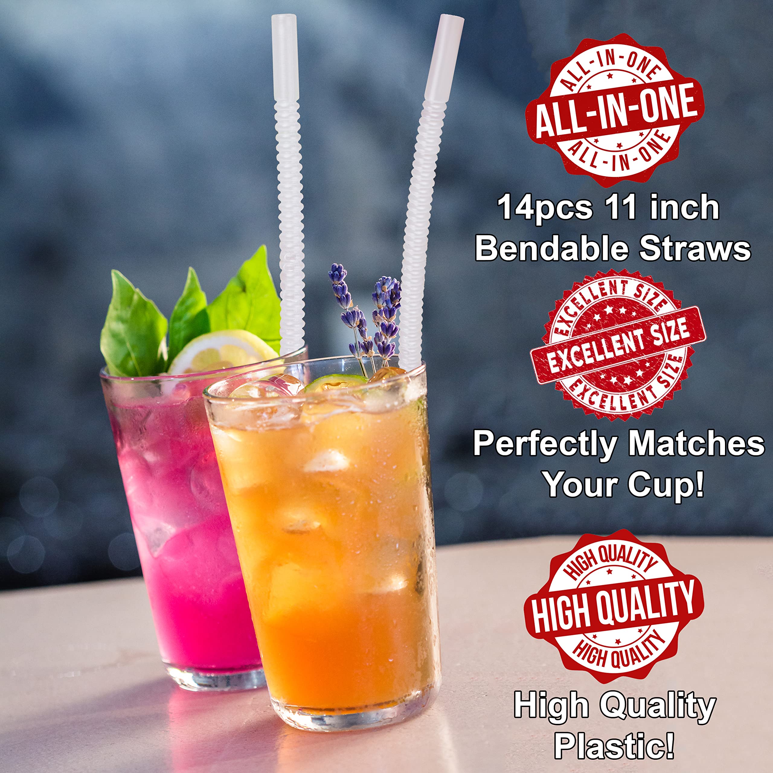Bendable Straws - 11 inch Long Flexible Straws - Bendy Drinking Straws Reusable - 14 Pack