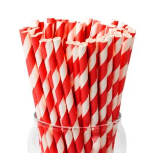 paktalk [100 pack] party straws disposable 7.75" x0.24" red and white biodegradable paper drinking straw for cocktail, milkshake, coffee, lemonade (0.24" x 7.75", red)