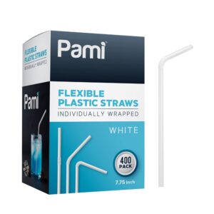 pami flexible plastic straws, individually wrapped [pack of 400] - 7.75” white drinking straws for coffee, cocktails, drinks- bulk disposable plastic straws- bpa-free bent straws for parties