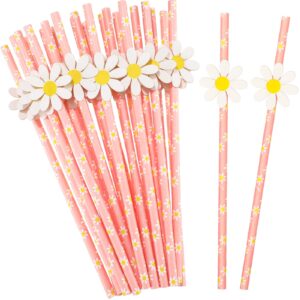 100 pcs daisy paper straws daisy party decorations disposable two groovy daisy straws flower straws floral pink straws for kids girls birthday party supplies little cutie baby shower wedding decor