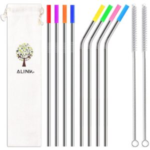 alink 8-pack stainless steel straws, 10.5” long reusable replacement metal straws for 20 30 oz yeti tumbler, rtic, tervis, mason jar, with 8 silicone tips, 2 cleaning brush and 1 carrying case