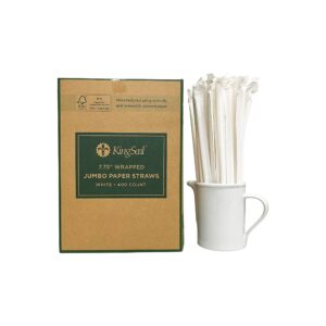 kingseal disposable paper drinking straws, fsc certified, paper wrapped, white, 7.75 inch length x 6mm diameter, jumbo" size, biodegradable, earth friendly, bulk pack - 400 count box