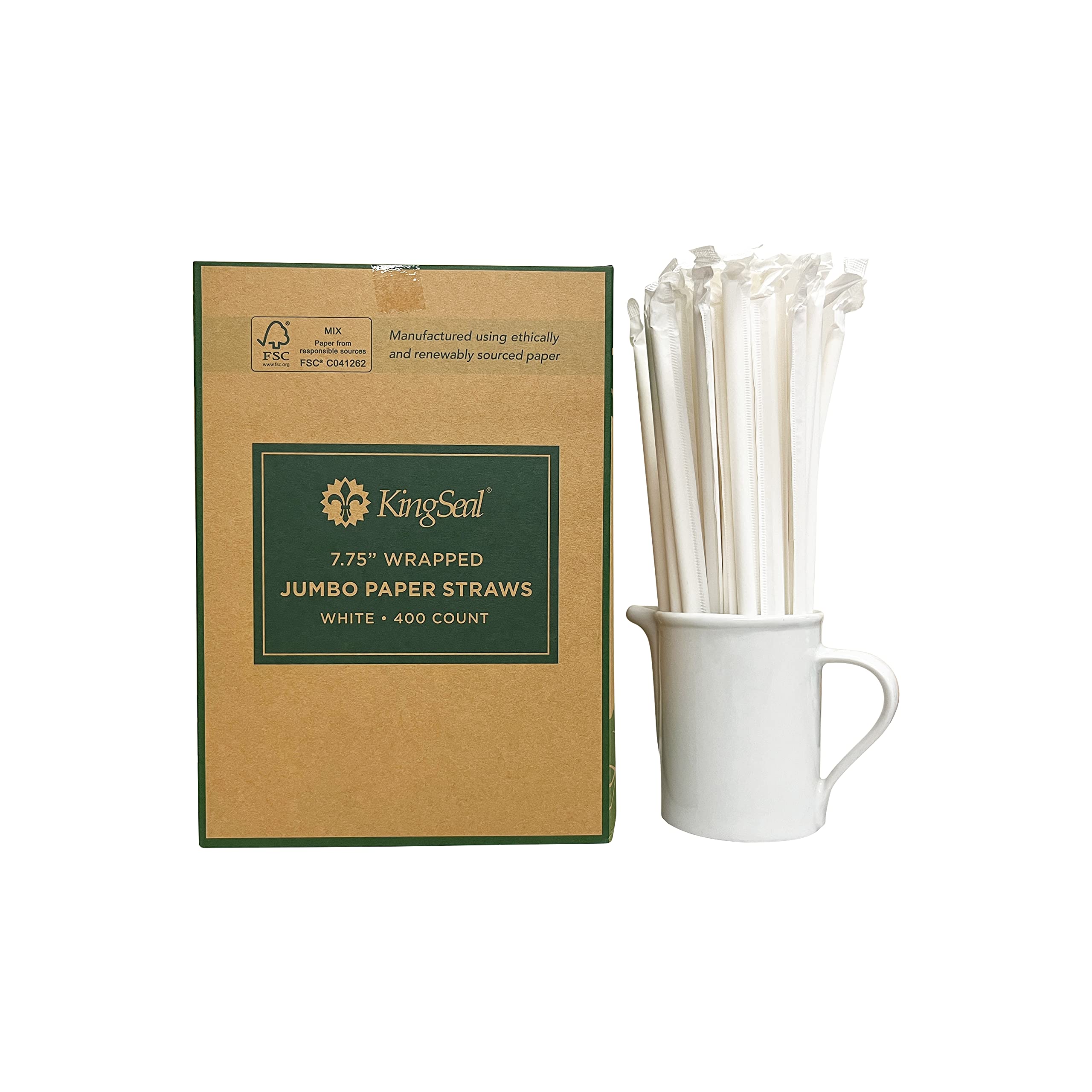 Kingseal Disposable PAPER Drinking Straws, FSC Certified, Paper Wrapped, WHITE, 7.75 Inch Length x 6mm Diameter, Jumbo" Size, Biodegradable, Earth Friendly, Bulk Pack - 400 Count Box