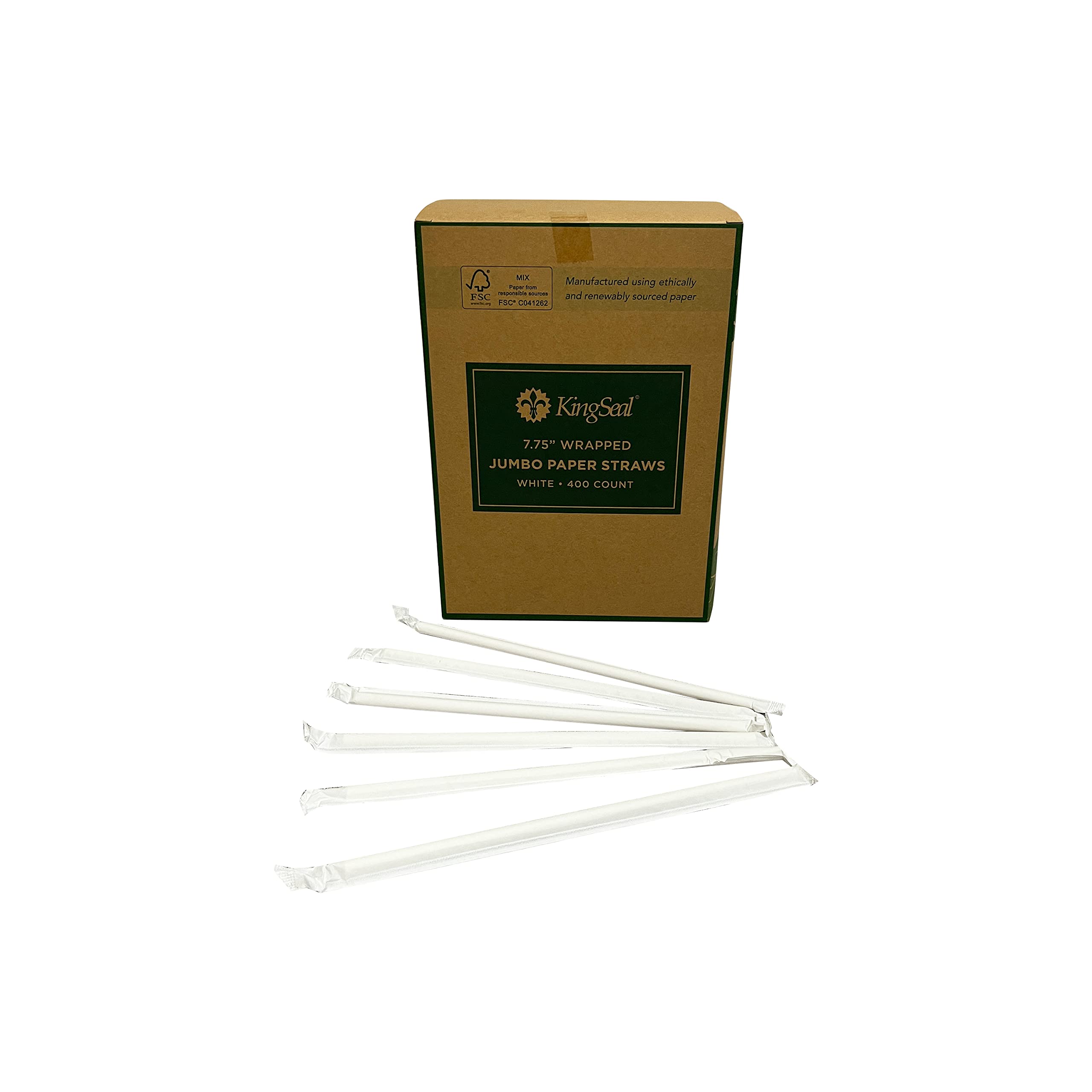 Kingseal Disposable PAPER Drinking Straws, FSC Certified, Paper Wrapped, WHITE, 7.75 Inch Length x 6mm Diameter, Jumbo" Size, Biodegradable, Earth Friendly, Bulk Pack - 400 Count Box