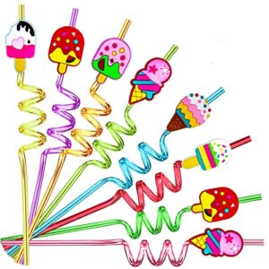 24 reusable crazy shapes ice cream straws, drink cocktail straws for birthday party supplies party favors with 2 cleaning brushes 8 color straws