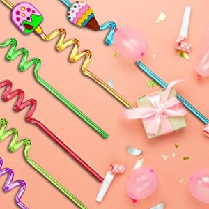 24 Reusable Crazy Shapes Ice Cream Straws, Drink Cocktail Straws for Birthday Party Supplies Party Favors with 2 Cleaning Brushes 8 Color Straws