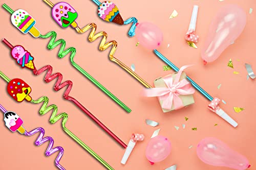 24 Reusable Crazy Shapes Ice Cream Straws, Drink Cocktail Straws for Birthday Party Supplies Party Favors with 2 Cleaning Brushes 8 Color Straws