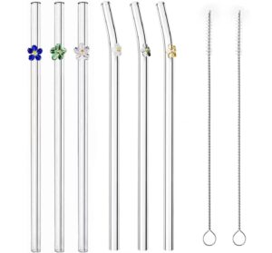 6pcs reusable glass straw flower design glass straw,colorful straws cocktails bar accessories cleaning brush bent drinking straws for hot and cold drinks (flower)