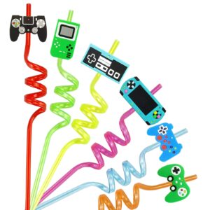 24pc video game party favors, game controller drinking straws as birthday party supplies decorations for boys goodie gifts for kids with 2 pcs cleaning brushes