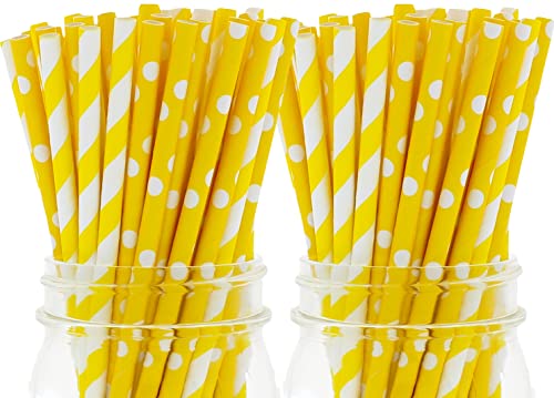 Party On Tap Yellow Straws - 150 Pack Of Lemonade Stand Supplies Or Lemonade Party Decorations - Yellow And White Straws