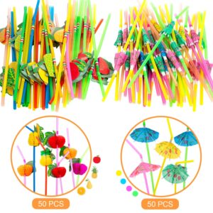 100 Pcs Disposable Straws Fruit Straws Umbrella Straws Party Table Decor Tropical Drinks for Cocktail Soft Drinks Hawaiian Luau Party Supply (50 Fruit + 50 Umbrella Straws)