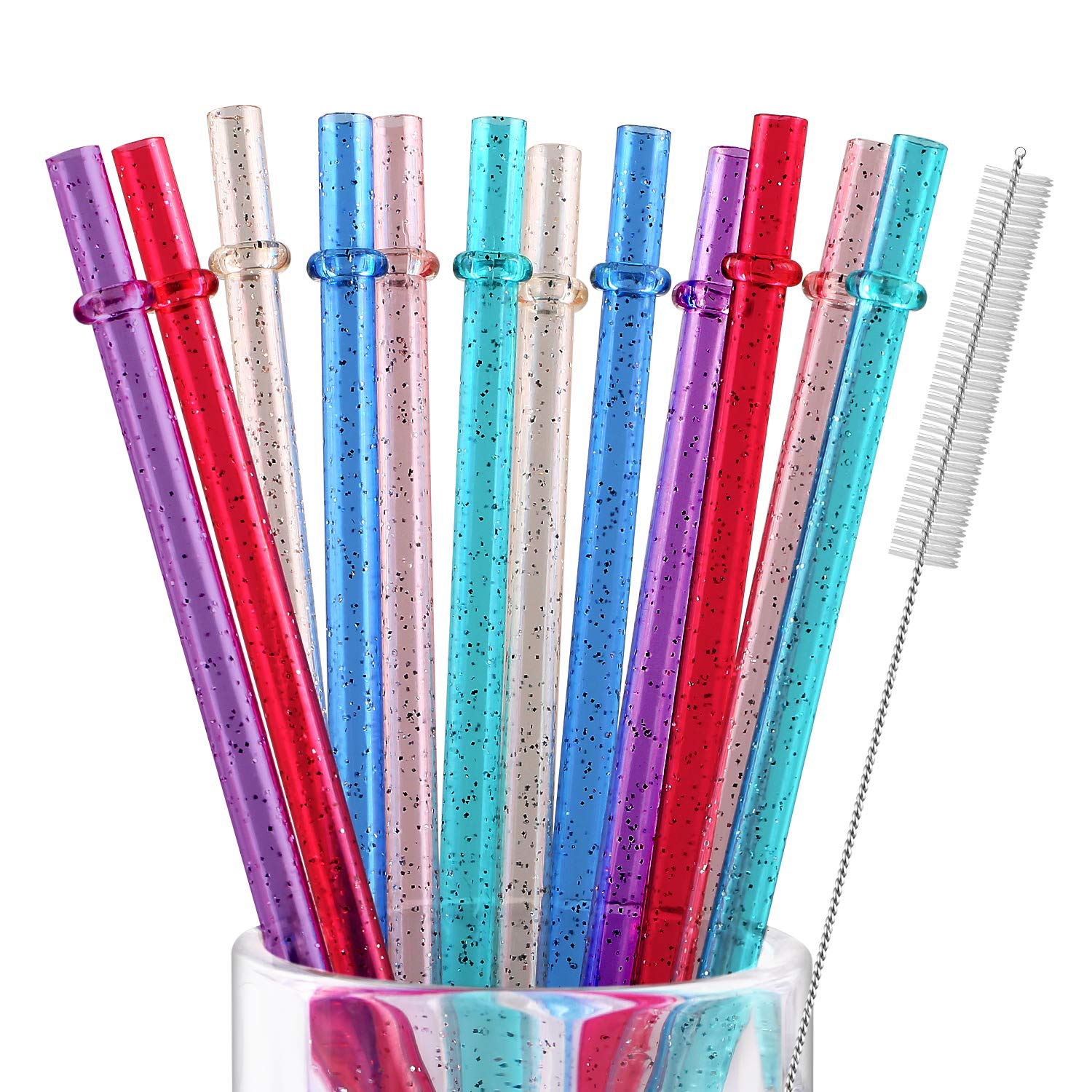 12 Piece 11 Inches Reusable Plastic Straws for Tall Cups and Tumblers 6 Colors BPA-Free Unbreakable Clear Glitter Sparkle Drinking Straw with 1 Cleaning Brush Not Dishwasher Safe