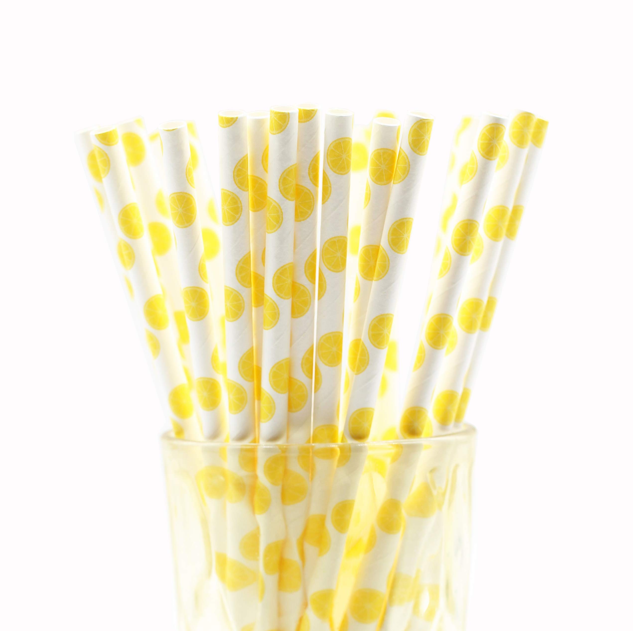 50-Pack Biodegradable Paper Drinking Straws for Party Supplies Bridal/Baby Shower Wedding Decorations, Bulk Paper Straws for Juices, Shakes, Smoothies, Lemon Theme