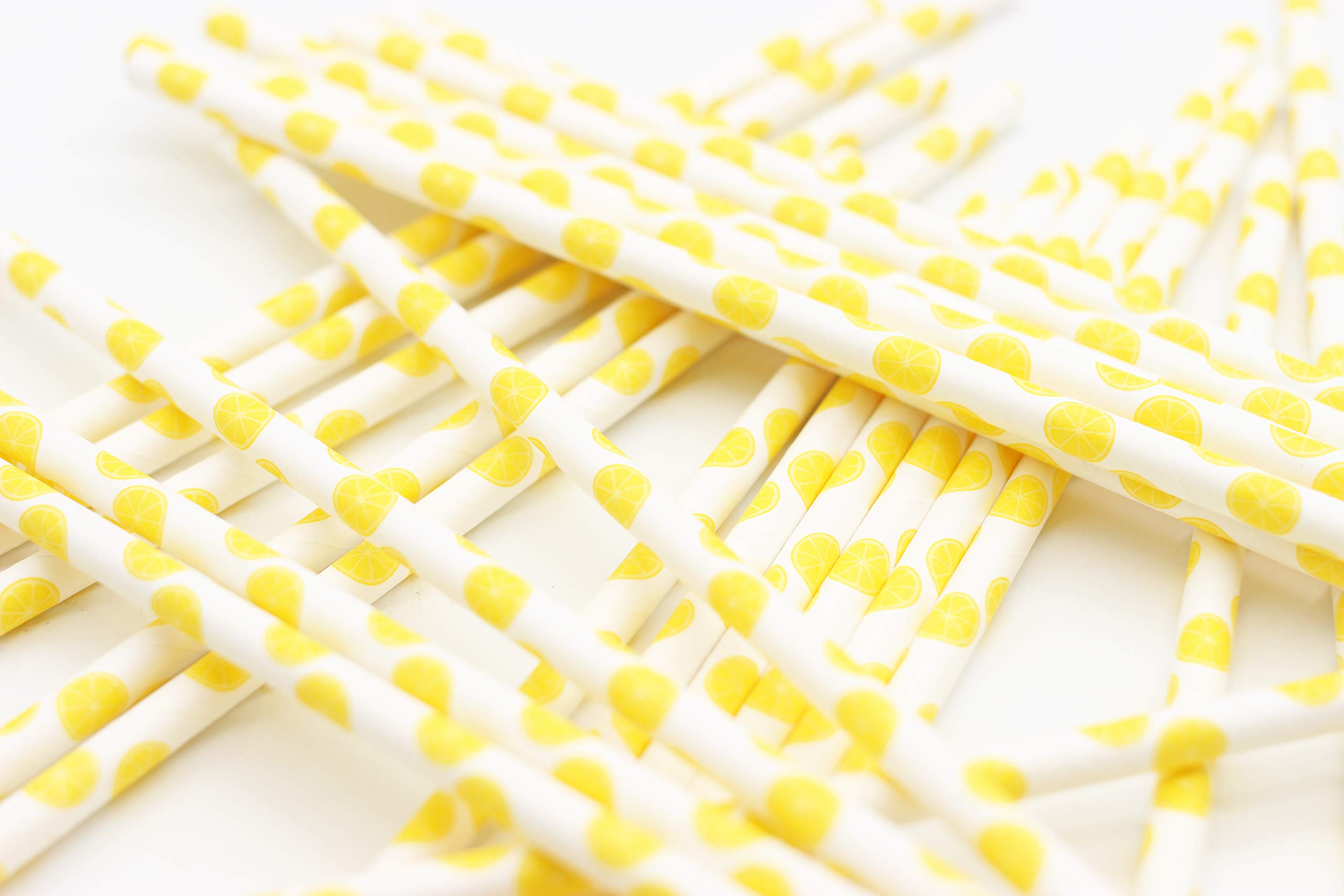 50-Pack Biodegradable Paper Drinking Straws for Party Supplies Bridal/Baby Shower Wedding Decorations, Bulk Paper Straws for Juices, Shakes, Smoothies, Lemon Theme