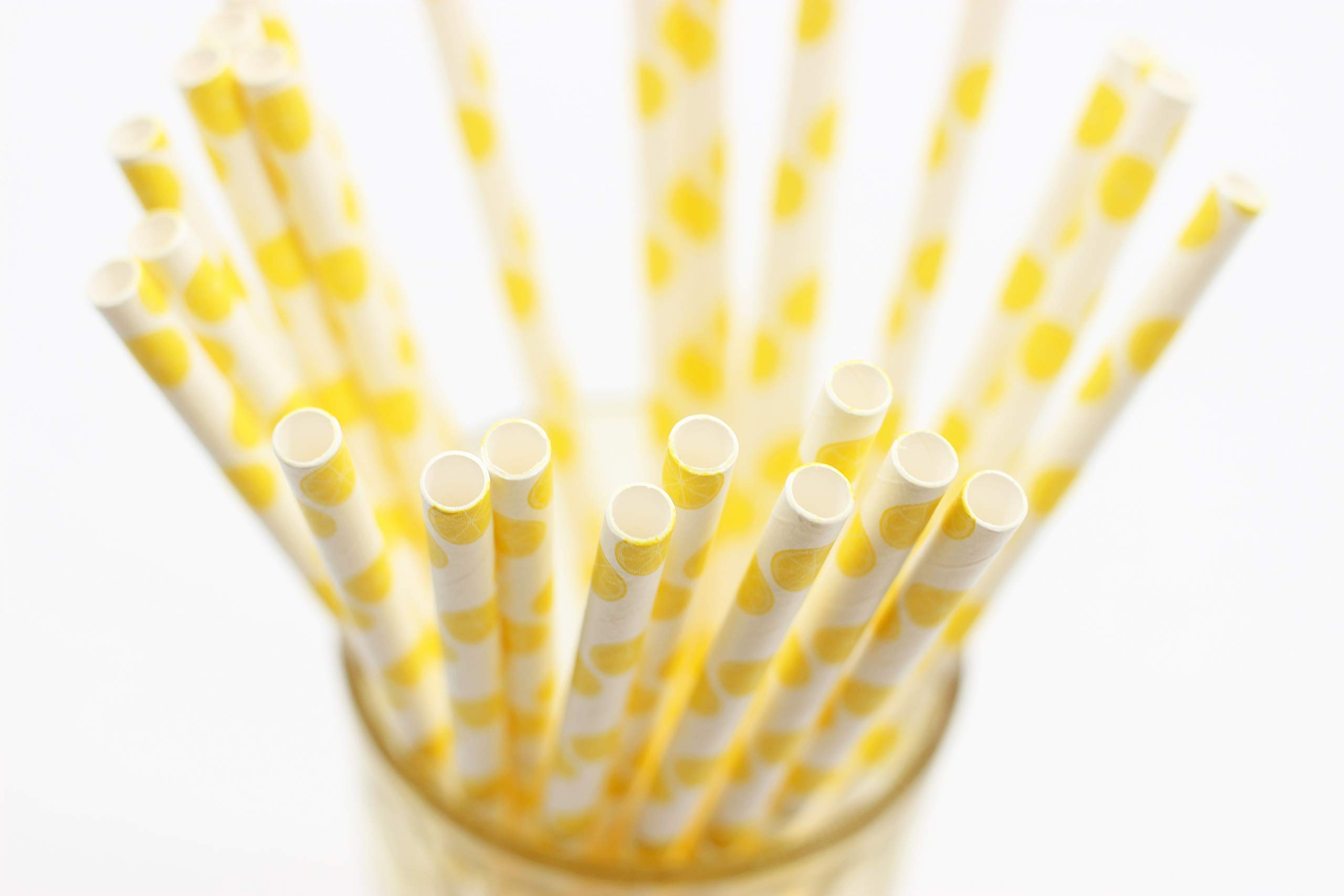 50-Pack Biodegradable Paper Drinking Straws for Party Supplies Bridal/Baby Shower Wedding Decorations, Bulk Paper Straws for Juices, Shakes, Smoothies, Lemon Theme