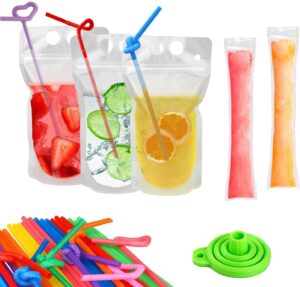 ucio 100 pcs drink pouches with 100 straws, juice pouches with 30pcs disposable freezable ice popsicle mold bags, drink pouches for adults and kids, clear pouch for cold & hot drinks (100pcs)