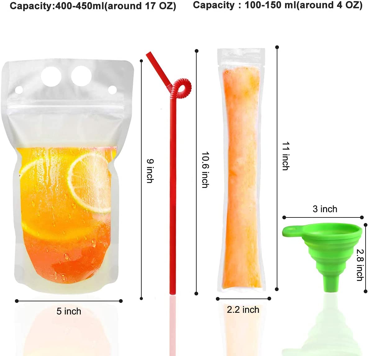 Ucio 100 Pcs Drink Pouches with 100 Straws, Juice Pouches with 30Pcs Disposable Freezable Ice Popsicle Mold Bags, Drink Pouches for Adults and Kids, Clear Pouch for Cold & Hot Drinks (100Pcs)