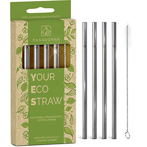 Stainless Steel Reusable Drinking Straws 6" Short & Safer Straws, Coffee, Bar, Cocktail Glasses, Half Pint Jars, Ecologically Friendly, Set of 4 Metal Straws with Brush