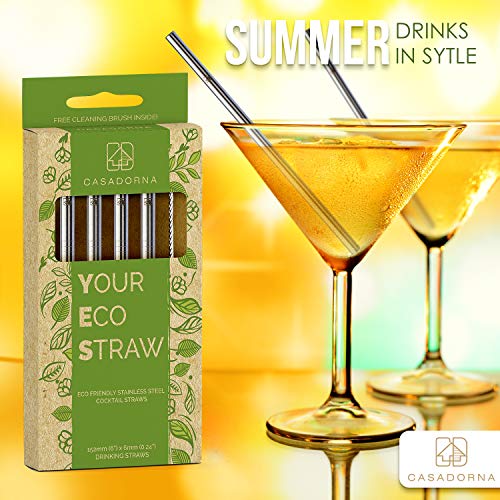 Stainless Steel Reusable Drinking Straws 6" Short & Safer Straws, Coffee, Bar, Cocktail Glasses, Half Pint Jars, Ecologically Friendly, Set of 4 Metal Straws with Brush