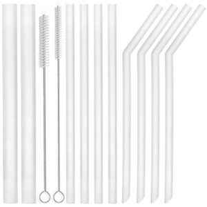alink 10-pack clear reusable silicone straws, 2 large silicone boba straws, 8 long smoothie straws for 30 oz 20 oz tumblers, milkshakes, bubble tea, tapioca pearl with 2 brush and case, 10 inch