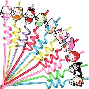 28pcs cute kitty party favors reusable drinking straws, 14 designs cartoon birthday party supplies with 2 cleaning brush