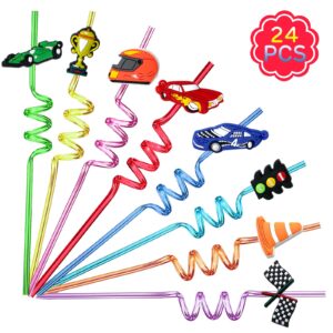 24 race car reusable straws kids party favors birthday two fast party supplies favors drink markers with 2 pcs cleaning brushes