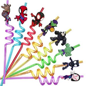 24 spider and his amazing friends party favors reusable drinking straws,8 designs spider great for spiderman birthday party supplies with 2 cleaning brushes.