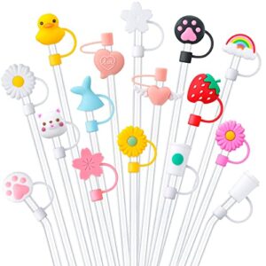 16 pieces reusable drinking straw tips lids anti-dust silicone straw caps for 7-8 mm straws airtight seal splash proof straw tips covers (flower animal style)