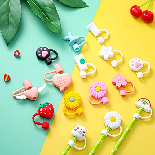 16 Pieces Reusable Drinking Straw Tips Lids Anti-dust Silicone Straw Caps for 7-8 mm Straws Airtight Seal Splash Proof Straw Tips Covers (Flower Animal Style)